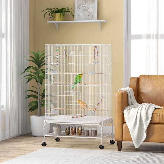 Volière cage oiseaux métal sur roulettes étagère accessoires 79x49x133cm blanc - ComfortXL Outdoor Living - Image 4