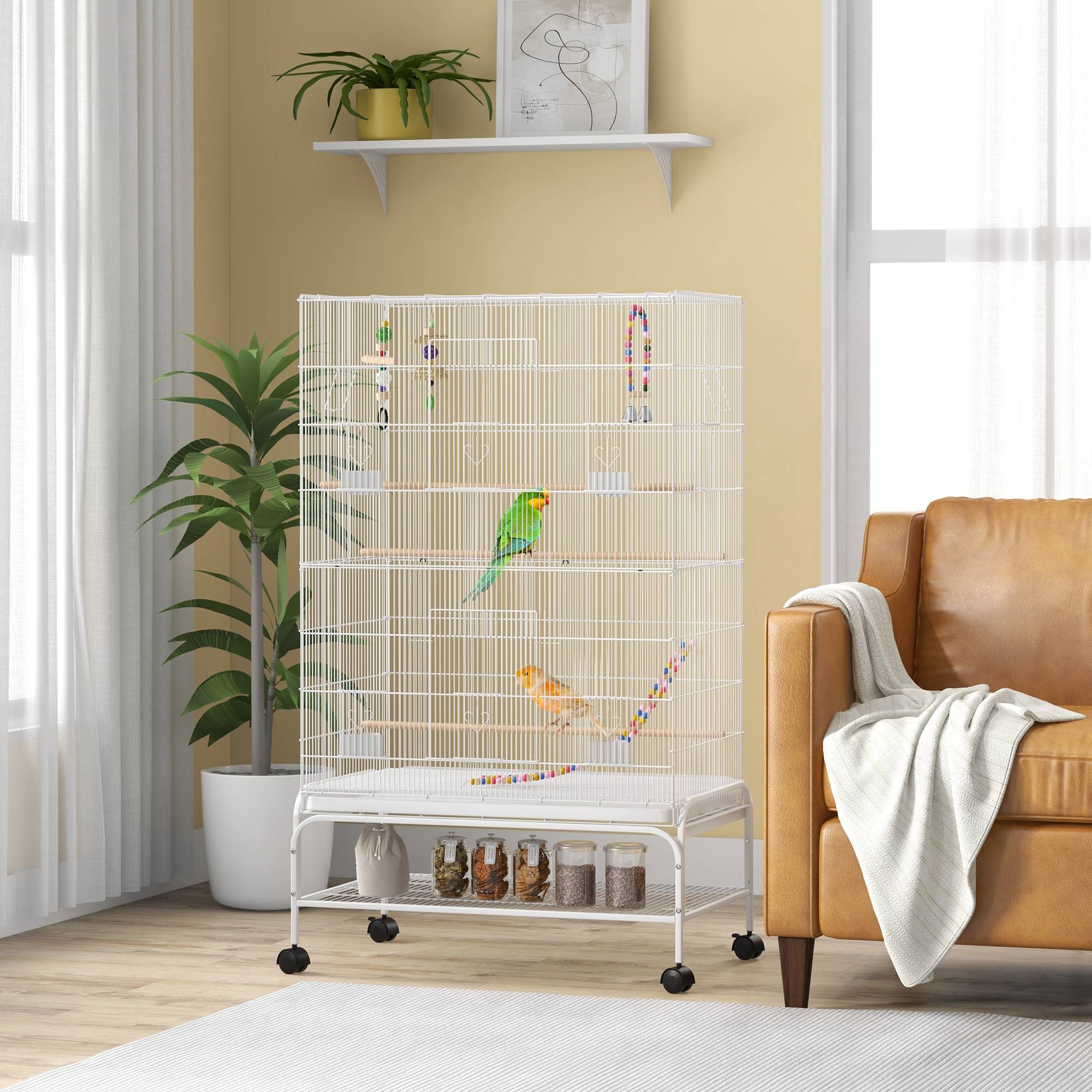 Volière cage oiseaux métal sur roulettes étagère accessoires 79x49x133cm blanc - ComfortXL Outdoor Living - Image 4