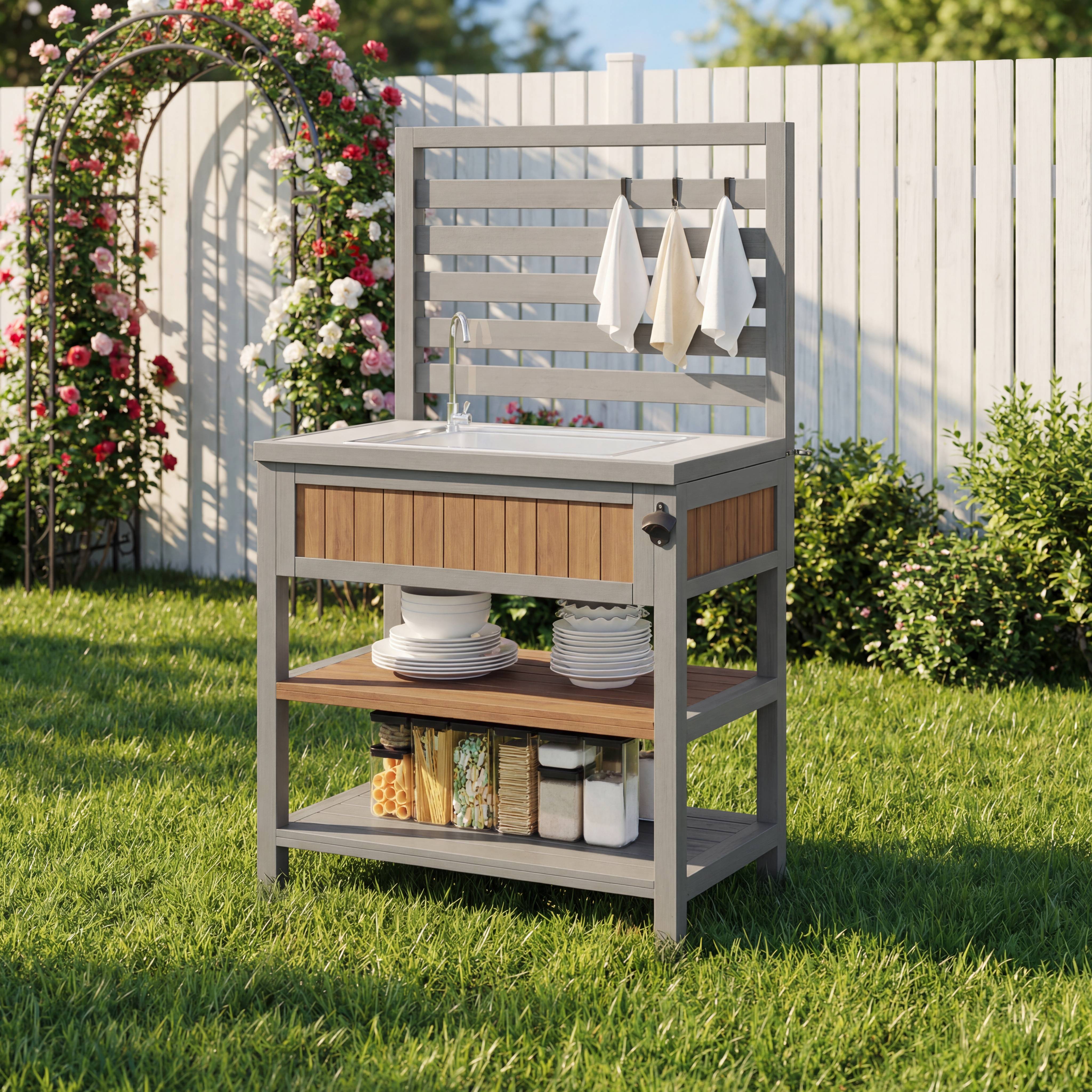 Desserte de jardin bois massif pour barbecue avec évier intégré 80x51x148.5cm - ComfortXL Outdoor Living