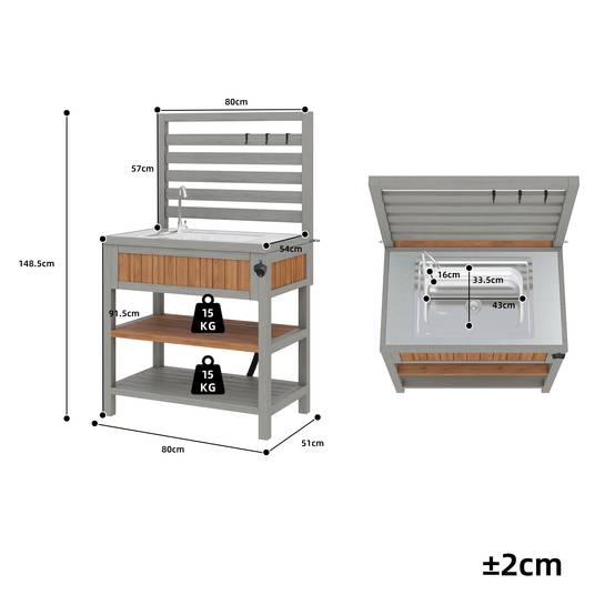 Desserte de jardin bois massif pour barbecue avec évier intégré 80x51x148.5cm - ComfortXL Outdoor Living - Image 3