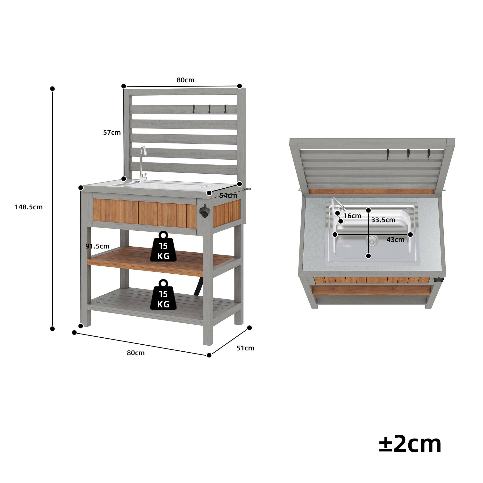 Desserte de jardin bois massif pour barbecue avec évier intégré 80x51x148.5cm - ComfortXL Outdoor Living - Image 3