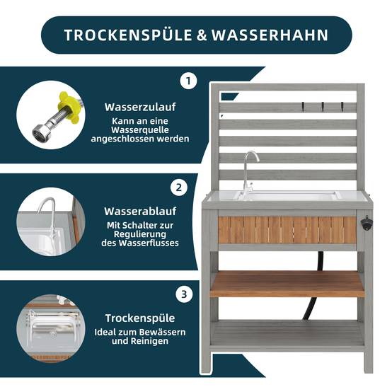 Desserte de jardin bois massif pour barbecue avec évier intégré 80x51x148.5cm - ComfortXL Outdoor Living - Image 5