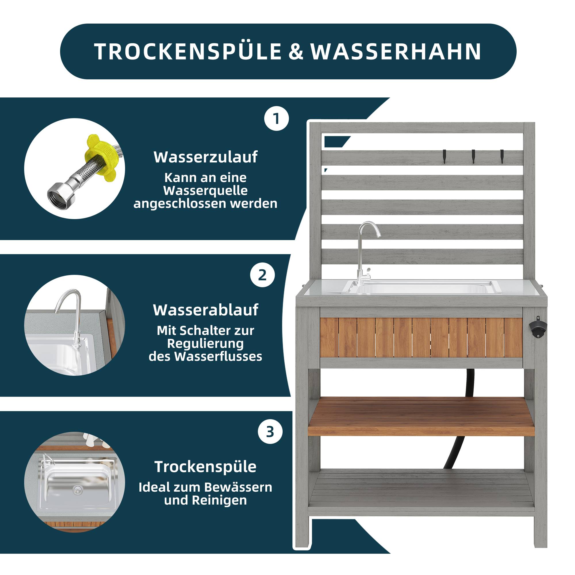 Desserte de jardin bois massif pour barbecue avec évier intégré 80x51x148.5cm - ComfortXL Outdoor Living - Image 5