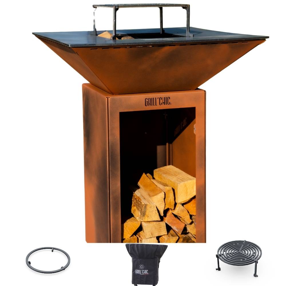 Grill'Chic - Pack Privilege Brasero Cevenol Acier Bois Carre 74 Imitation Corten Double Cuve - Avec rangement bois - GRILL CHIC