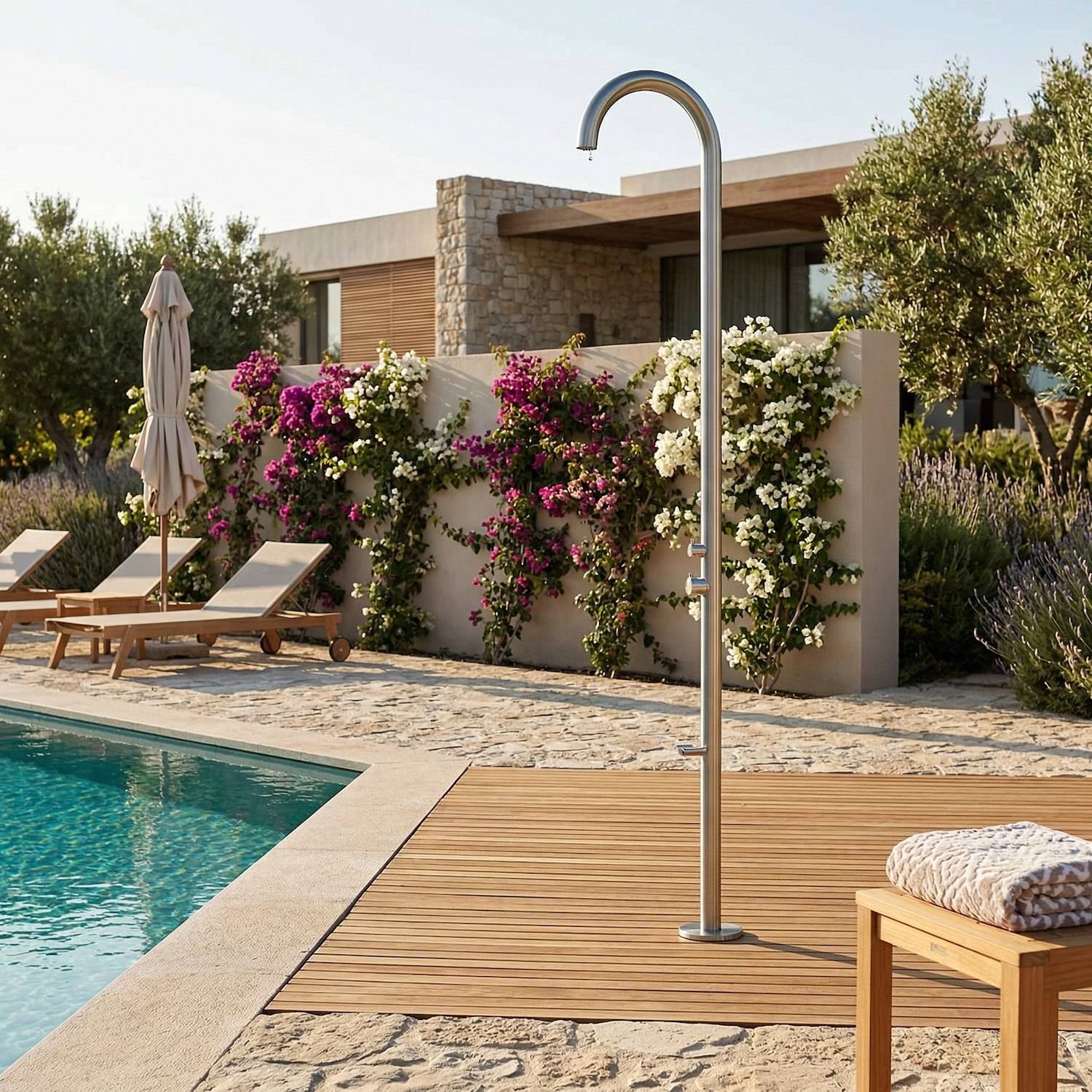 Douche piscine inox 316L couleur inox raccordement eau froidechaude - Image 1