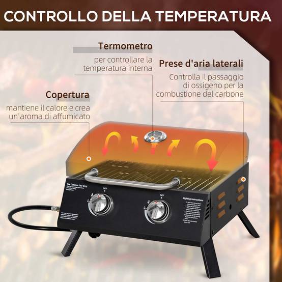 Barbecue à gaz pliable avec couvercle, thermomètre et 2 brûleurs en acier, 55 x 46,5 x 41 cm, noir - Image 6