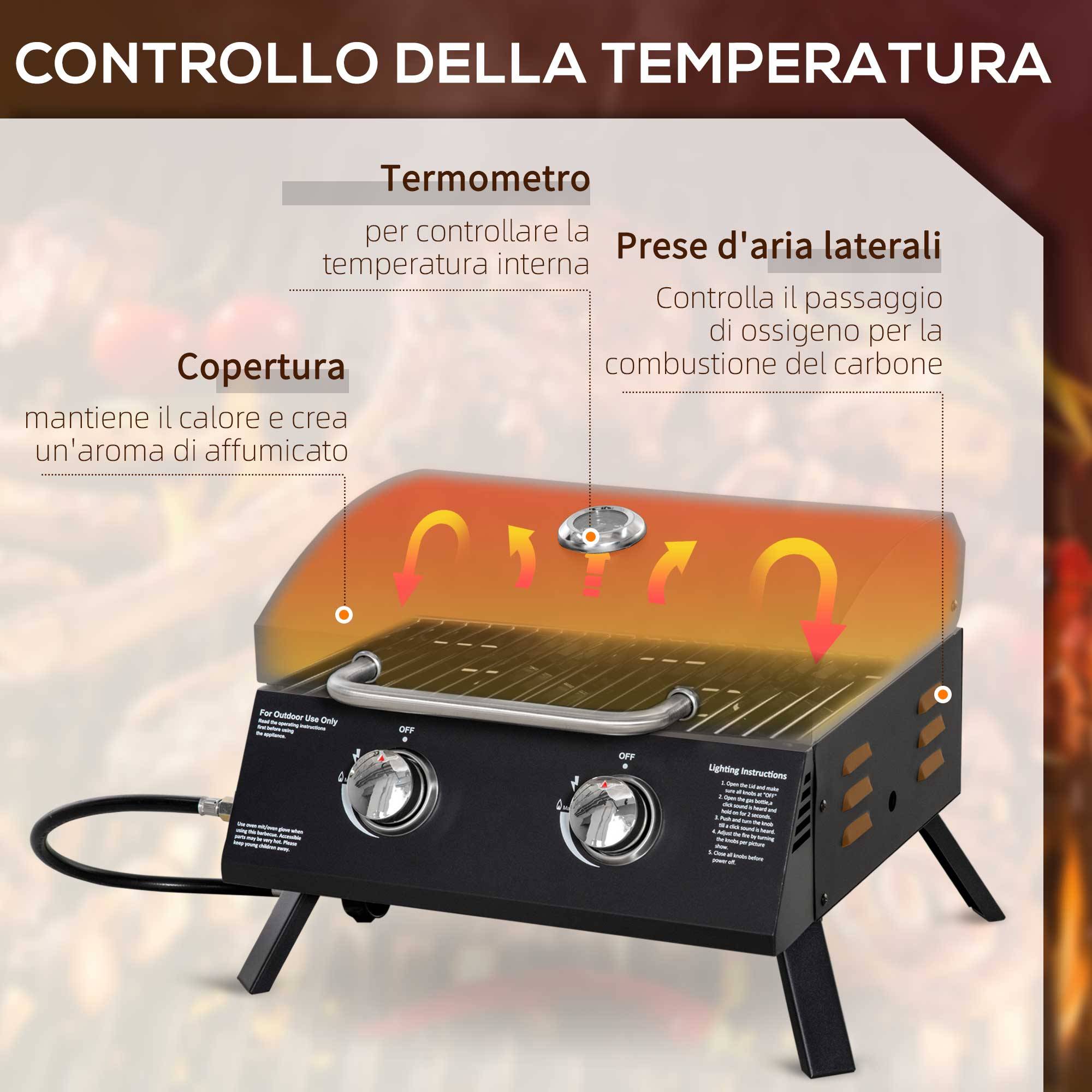 Barbecue à gaz pliable avec couvercle, thermomètre et 2 brûleurs en acier, 55 x 46,5 x 41 cm, noir - Image 6