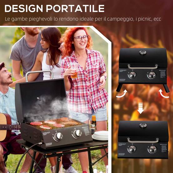 Barbecue à gaz pliable avec couvercle, thermomètre et 2 brûleurs en acier, 55 x 46,5 x 41 cm, noir - Image 7