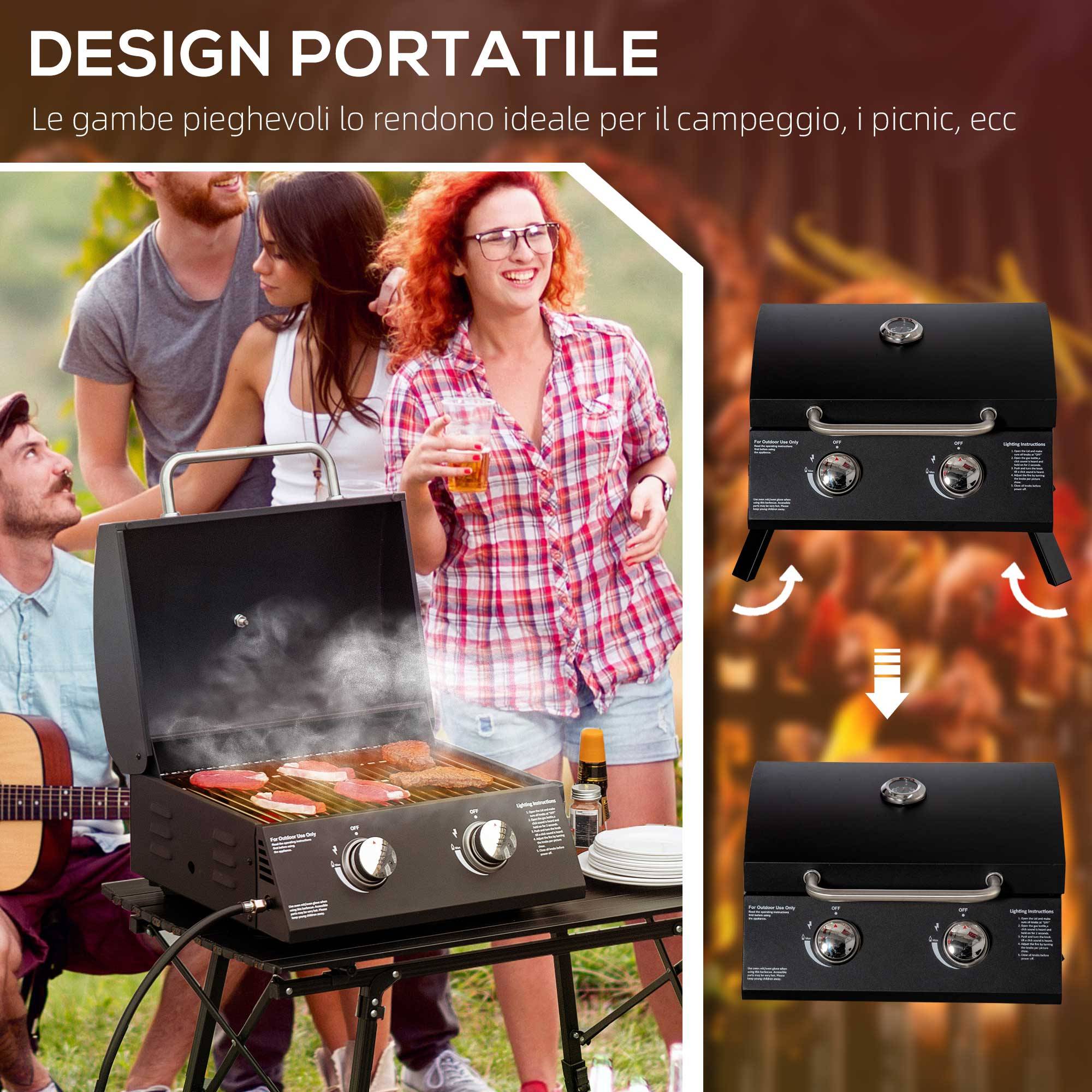 Barbecue à gaz pliable avec couvercle, thermomètre et 2 brûleurs en acier, 55 x 46,5 x 41 cm, noir - Image 7