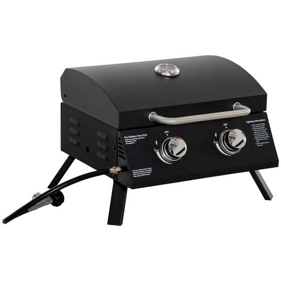 Barbecue à gaz pliable avec couvercle, thermomètre et 2 brûleurs en acier, 55 x 46,5 x 41 cm, noir - Image 2
