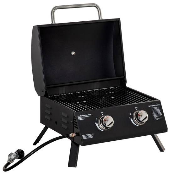 Barbecue à gaz pliable avec couvercle, thermomètre et 2 brûleurs en acier, 55 x 46,5 x 41 cm, noir - Image 1