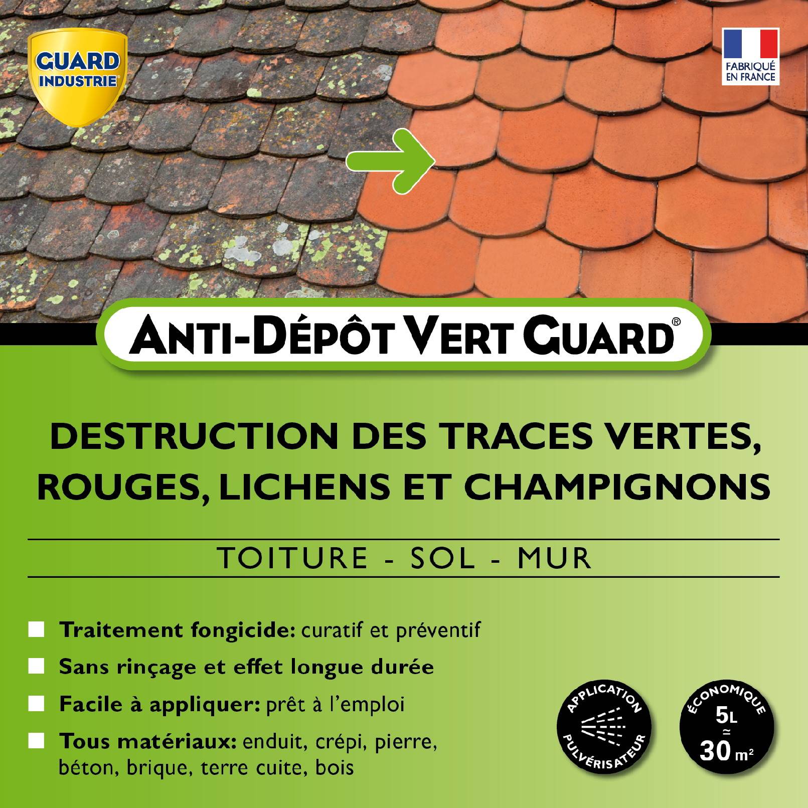 Anti Dépôt Vert GuardToute Pierre Tuile Zinc Bois Nettoie Traces Vertes Moisissure Algues Rouge Lichens 5 Litres Traite 30 m2 - Image 5