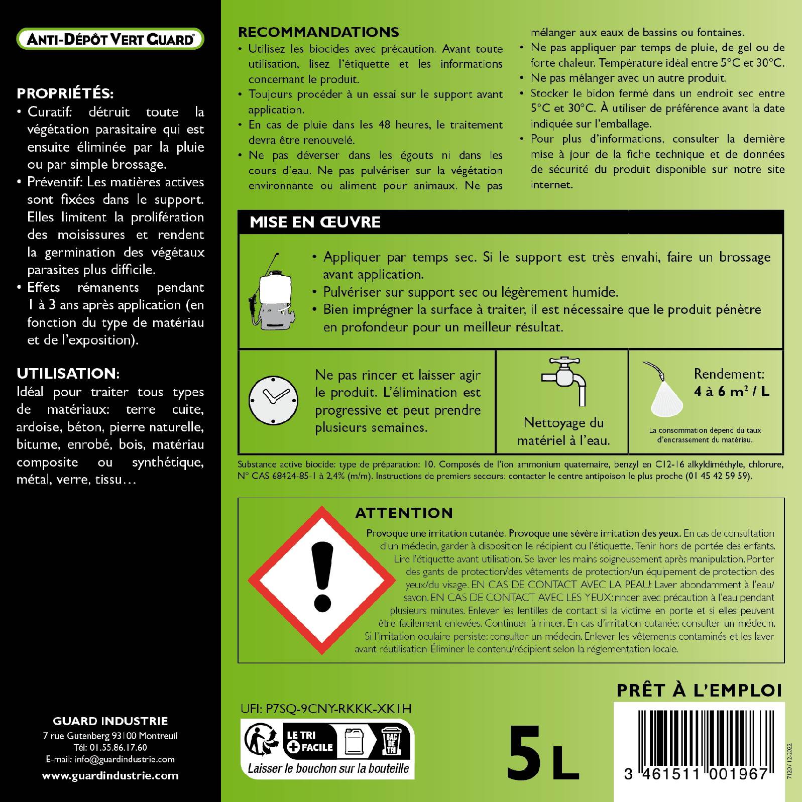 Anti Dépôt Vert GuardToute Pierre Tuile Zinc Bois Nettoie Traces Vertes Moisissure Algues Rouge Lichens 5 Litres Traite 30 m2 - Image 6
