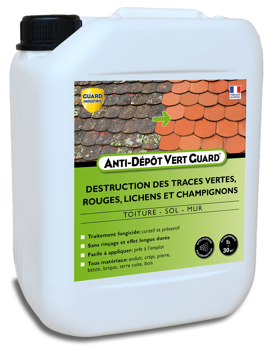 Anti Dépôt Vert GuardToute Pierre Tuile Zinc Bois Nettoie Traces Vertes Moisissure Algues Rouge Lichens 5 Litres Traite 30 m2 - Image 1