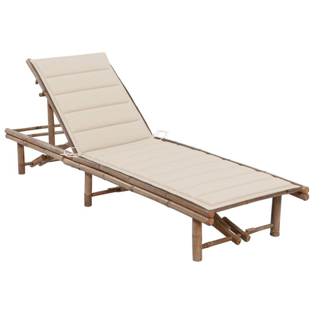Chaise longue jardin bambou avec coussin beige 200 x 65 x 30/87 cm - PANGIVO - Image 1