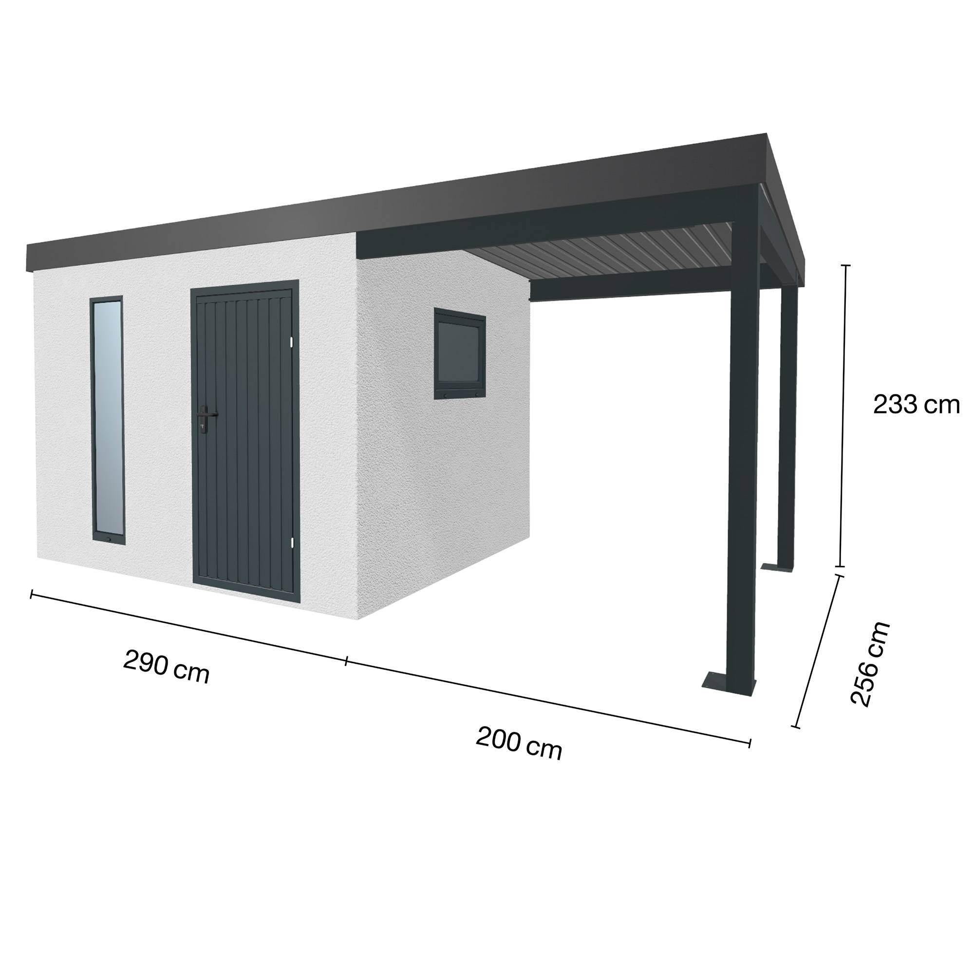 Abri de jardin en métal finition crépi 2900 x 2560 mm blanc avec auvent à droite 2000 x 2560 mm anthracite - Image 1