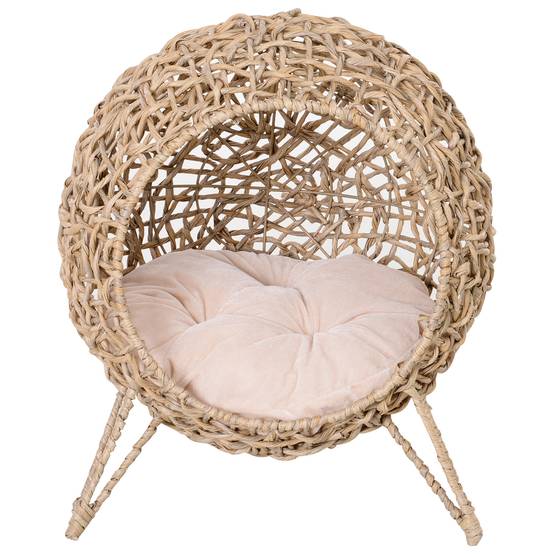 Lit Grotte Rotin pour Chat ou Petits Animaux avec Base Tr茅pied, Coussin Peluche et Coton, Sur茅lev茅 Stable, 桅52 x 58 cm, Naturel - Image 9