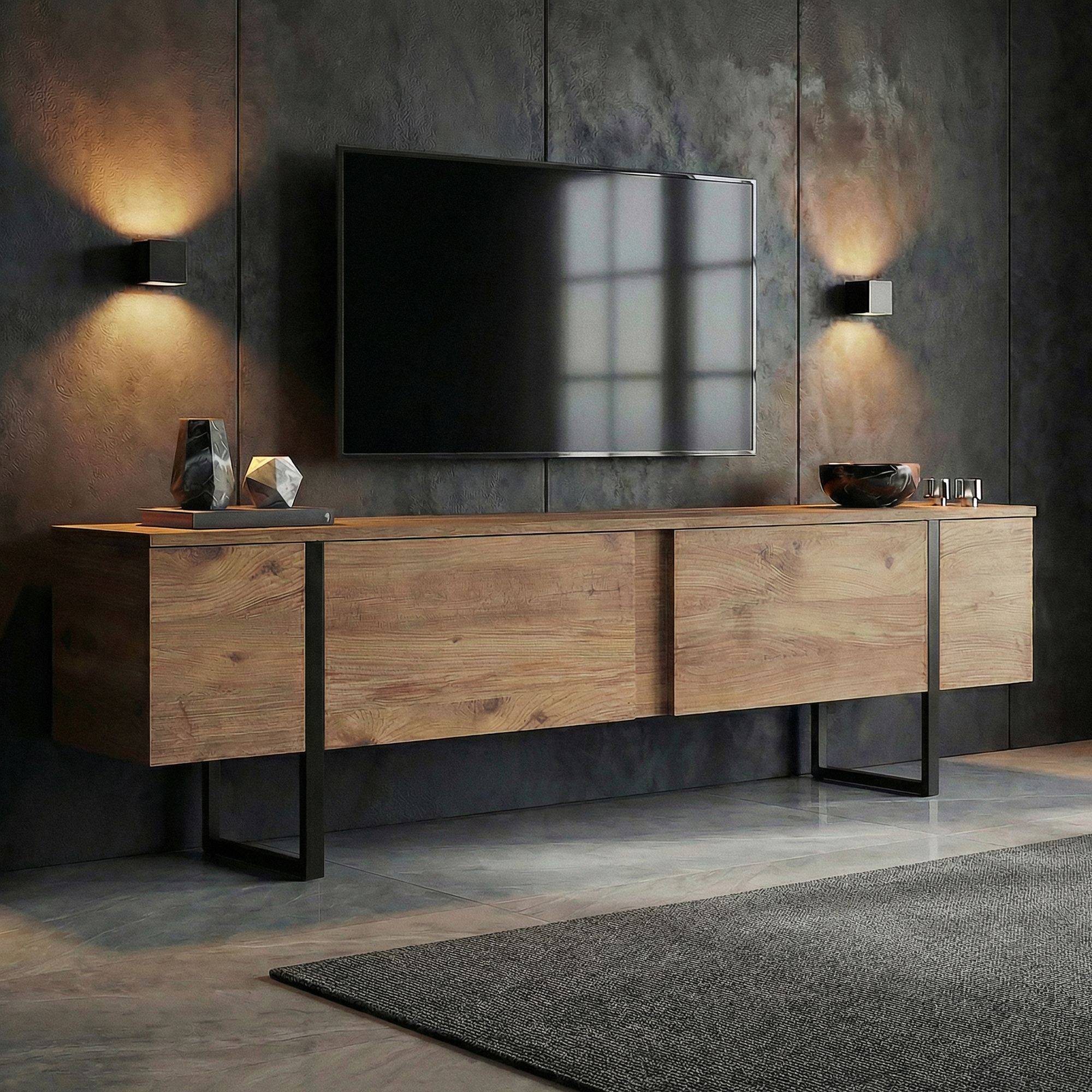Habitat Et Jardin - Meuble Tv En Bois "onera" - 180 X 30 X 50 Cm - Pin Atlantique / Noir -hanah Home - Image 2