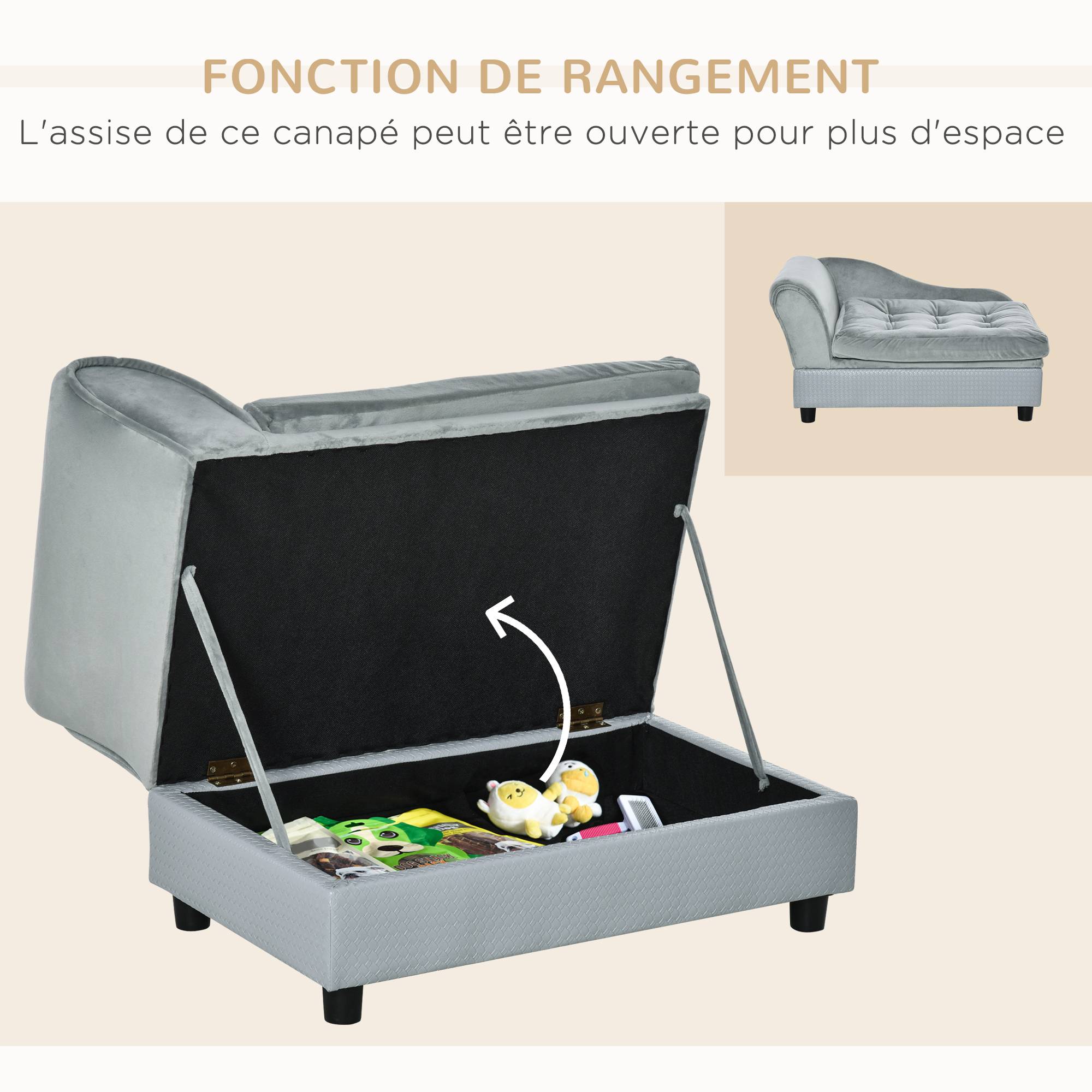Sans Marque - Canapé Chien Chat sur Pied avec Coffre de Rangement Style Moderne Coussin d'assise Amovible Grand Confort 76 x 45 x 43 cm gris clair - Image 8