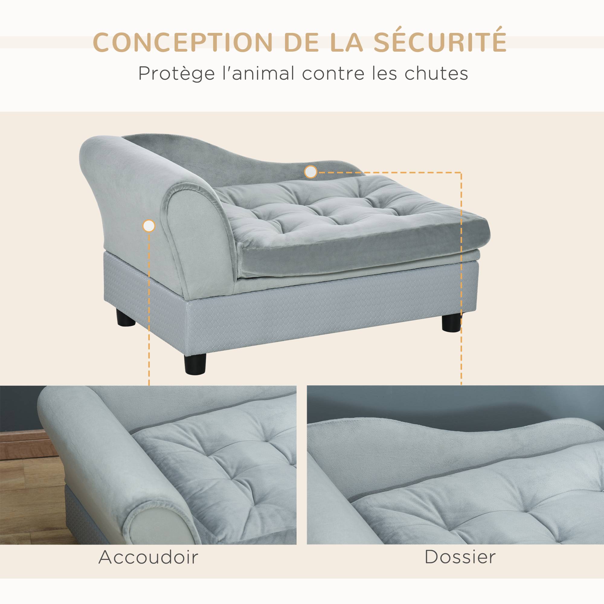 Sans Marque - Canapé Chien Chat sur Pied avec Coffre de Rangement Style Moderne Coussin d'assise Amovible Grand Confort 76 x 45 x 43 cm gris clair - Image 9