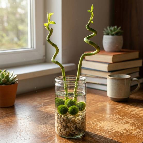 Lucky Bamboo Lot de 2 - Verre, Galets & 5 Boules de Mousse Marimo - 40cm - Image 5