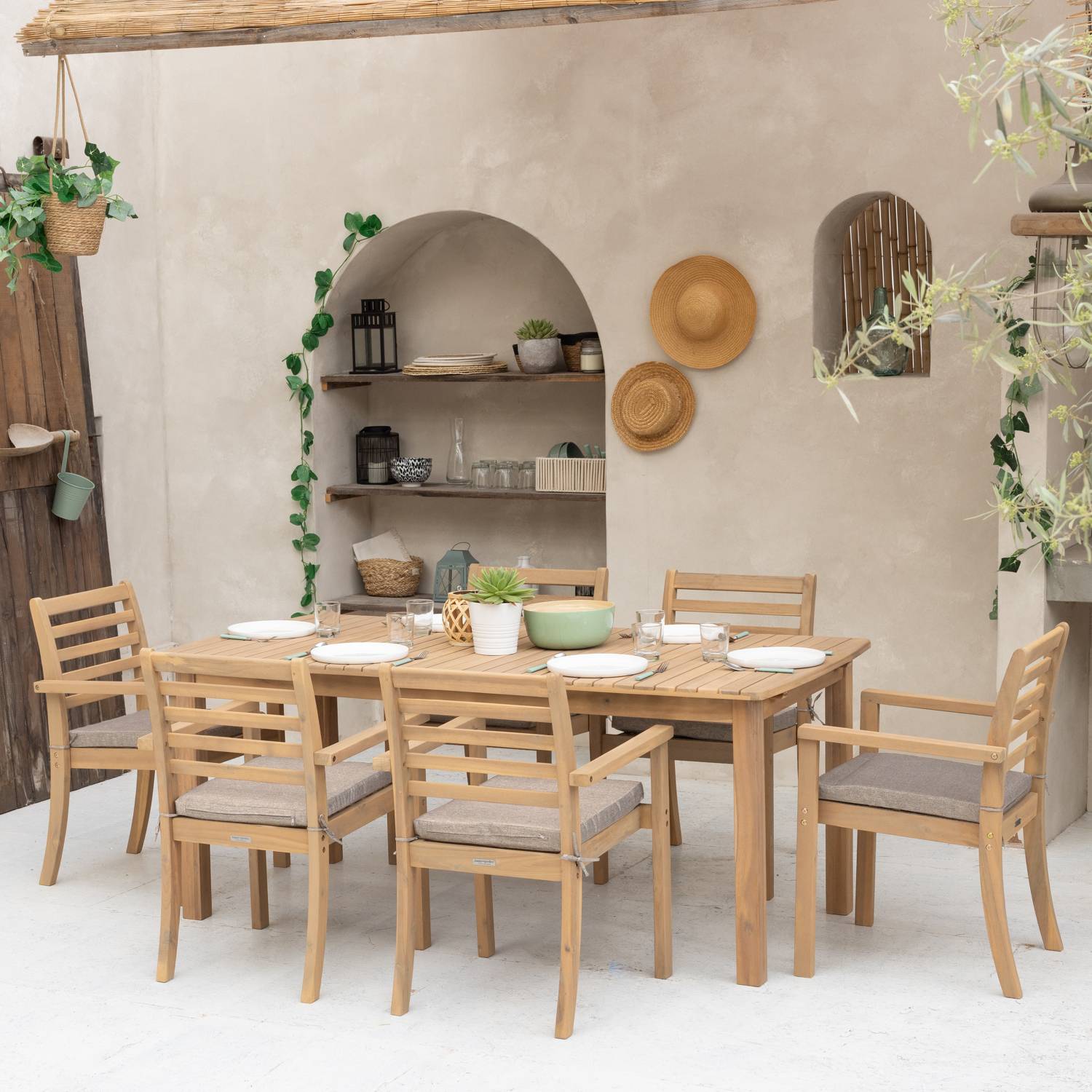 Salon de jardin extensible 180/240cm PADAR en acacia 8 places - coussins sable - HAPPY GARDEN - Image 5