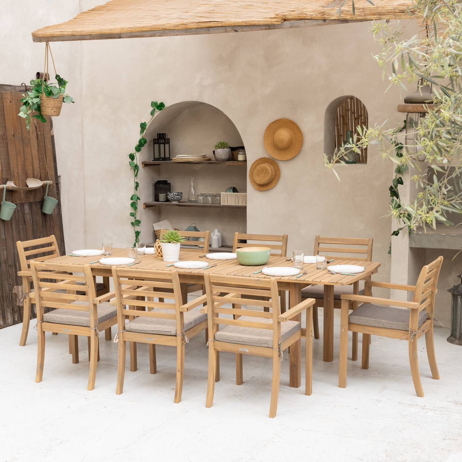 Salon de jardin extensible 180/240cm PADAR en acacia 8 places - coussins sable - HAPPY GARDEN - Image 2