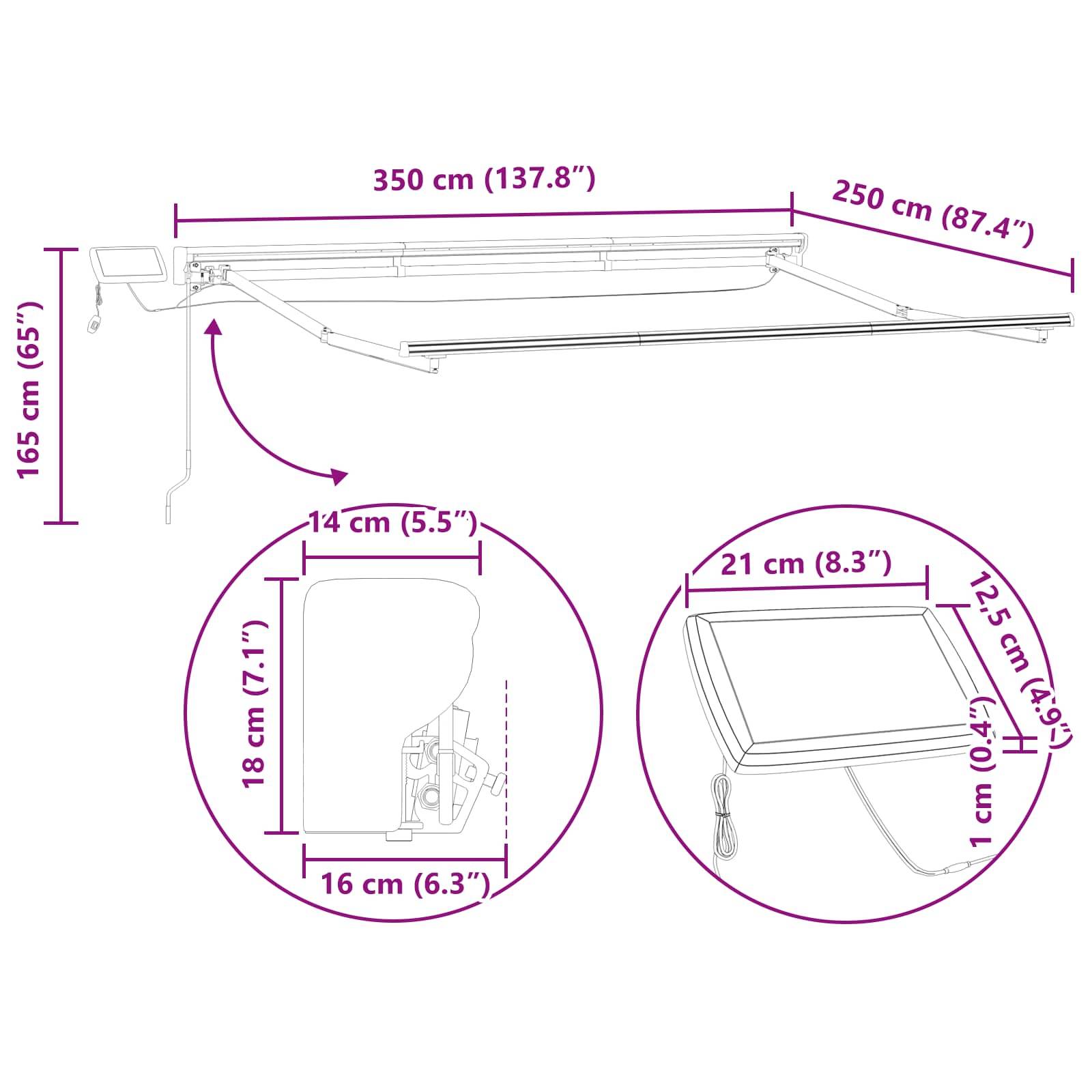 ComfortXL - Store banne manuel LED aluminium terrasse ombre ajustable beige blanc 3,5x2,5m - ComfortXL Outdoor Living - Image 9