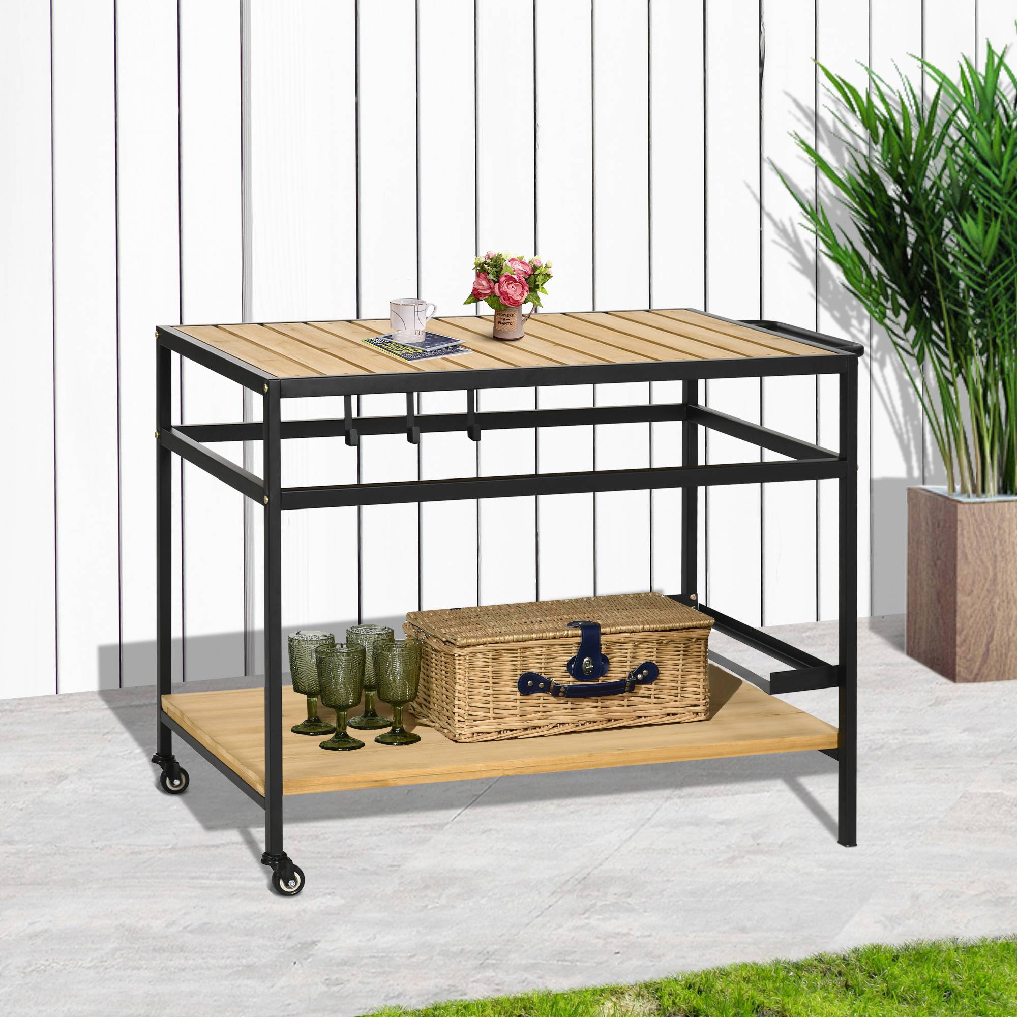 Desserte de jardin bois et métal noir naturel 107 x 65 x 80 cm - PANGIVO - Image 4