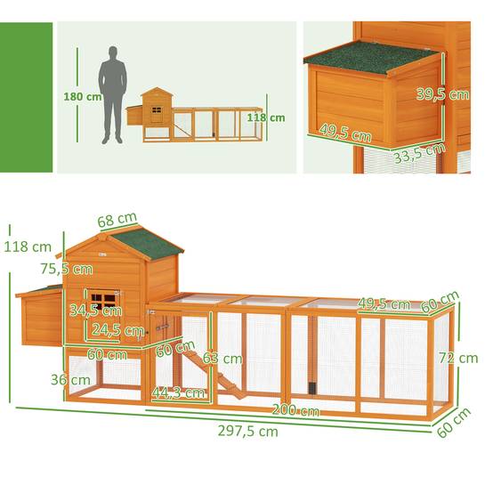 Grand poulailler en bois pour 3-6 poules, toit asphalte, nichoir et bac amovible, 297,5x68x118 cm naturel - Image 5