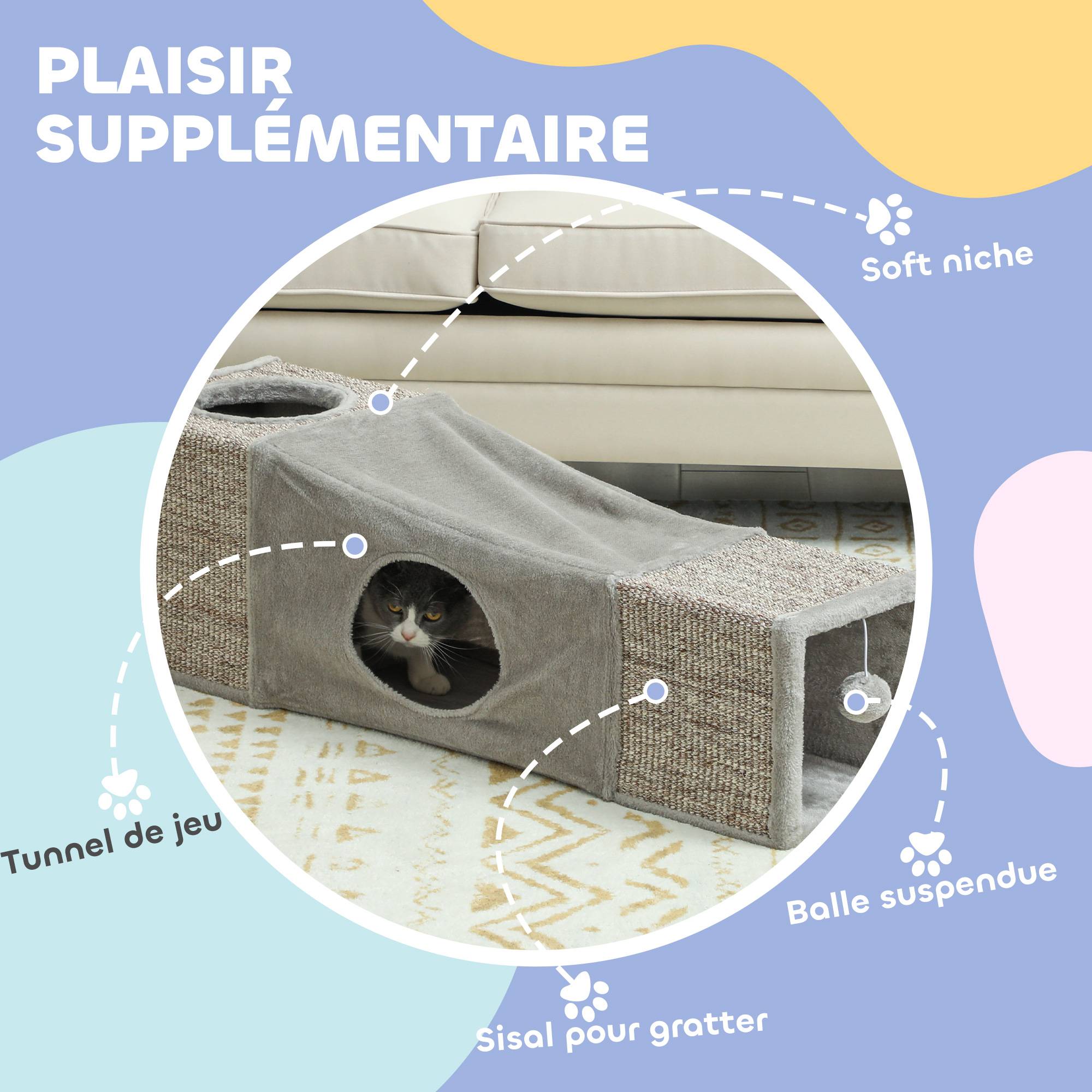 Sans Marque - Tunnel pour chat intérieur jouets pour chats avec balle suspendue entrées multiples en sisal 98 x 30 x 30 cm gris - Image 7
