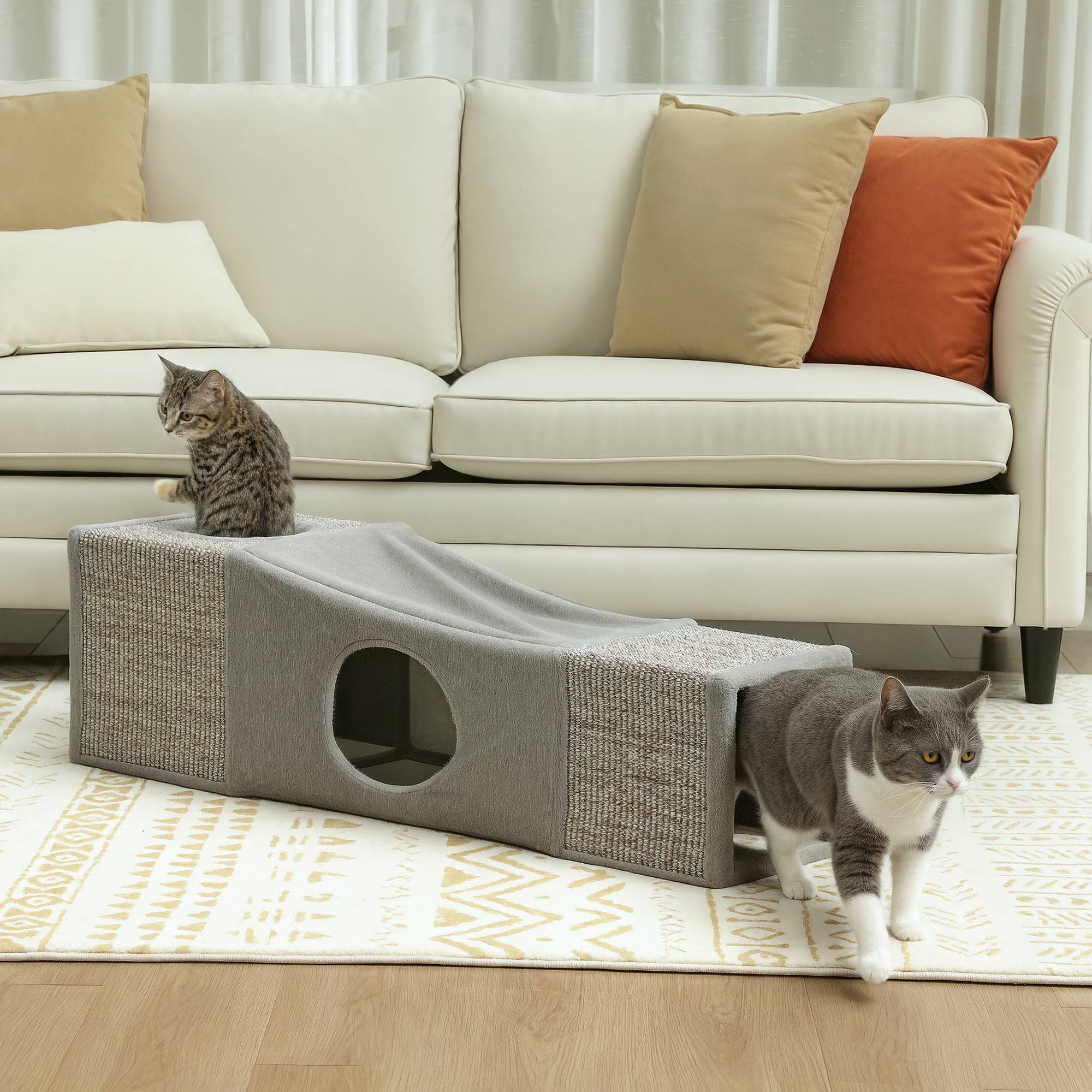 Sans Marque - Tunnel pour chat intérieur jouets pour chats avec balle suspendue entrées multiples en sisal 98 x 30 x 30 cm gris - Image 3