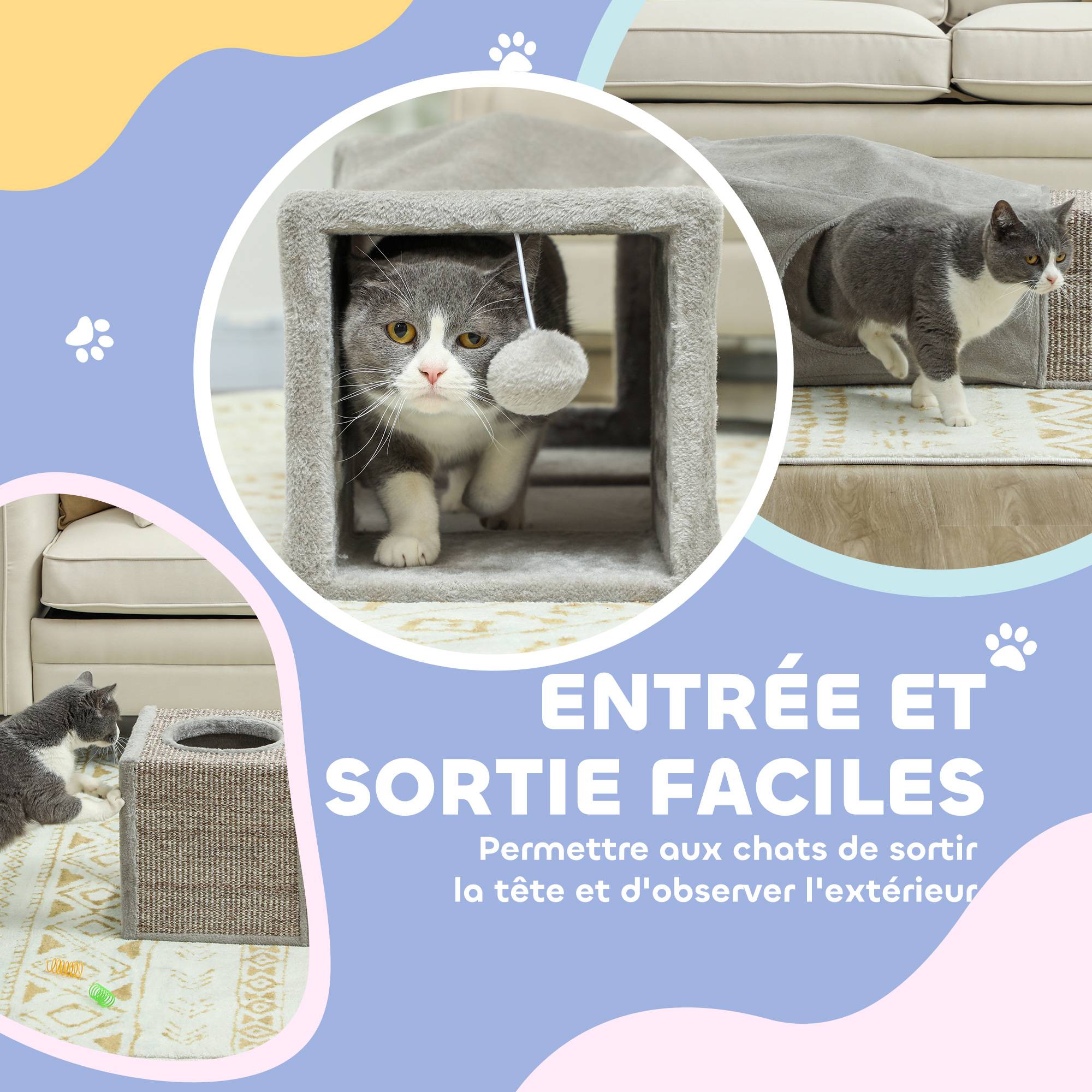 Sans Marque - Tunnel pour chat intérieur jouets pour chats avec balle suspendue entrées multiples en sisal 98 x 30 x 30 cm gris - Image 8