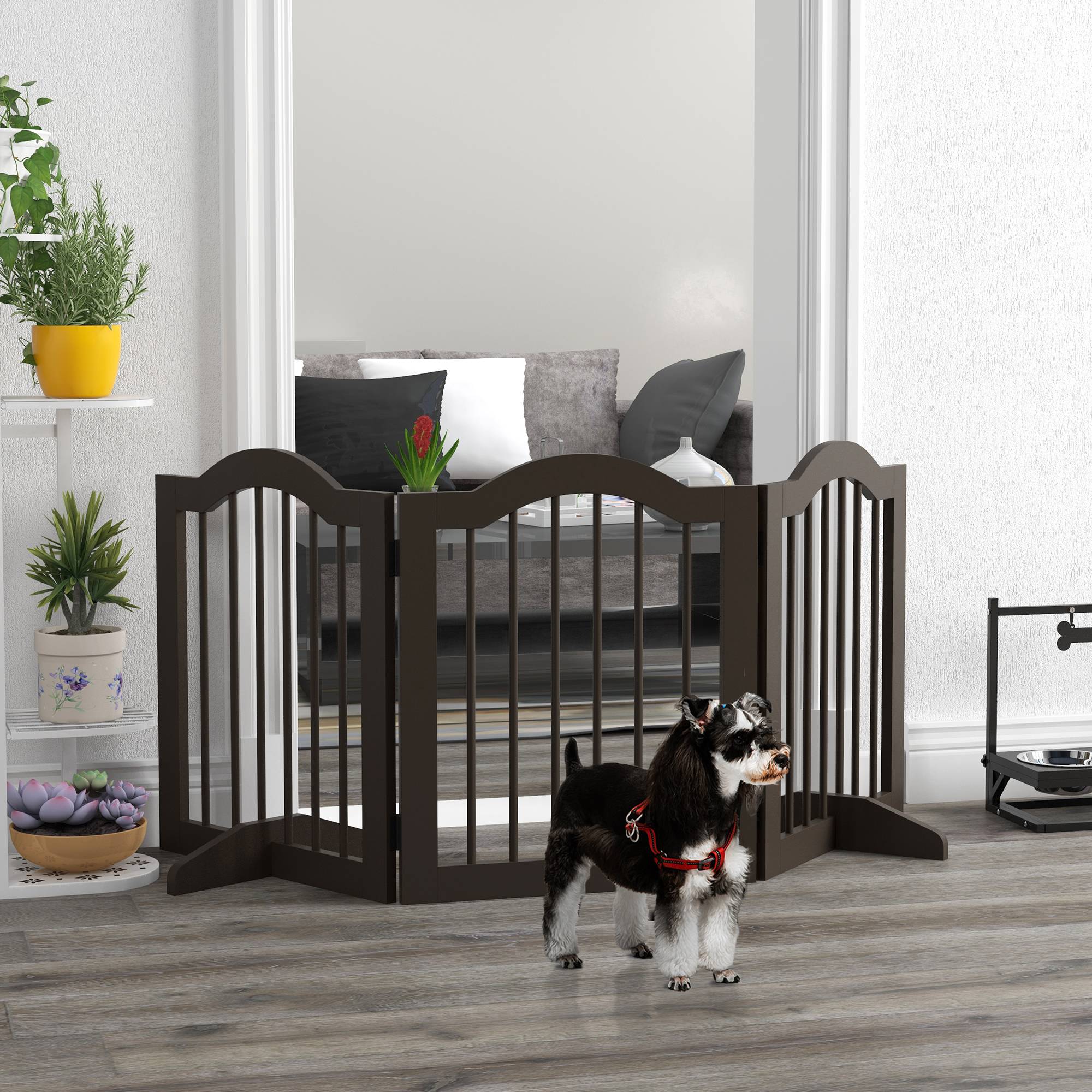 Sans Marque - Barrière pour chien, 3 panneaux pliants, bois massif et MDF, 154,5x29,5x61 cm, café - Image 3
