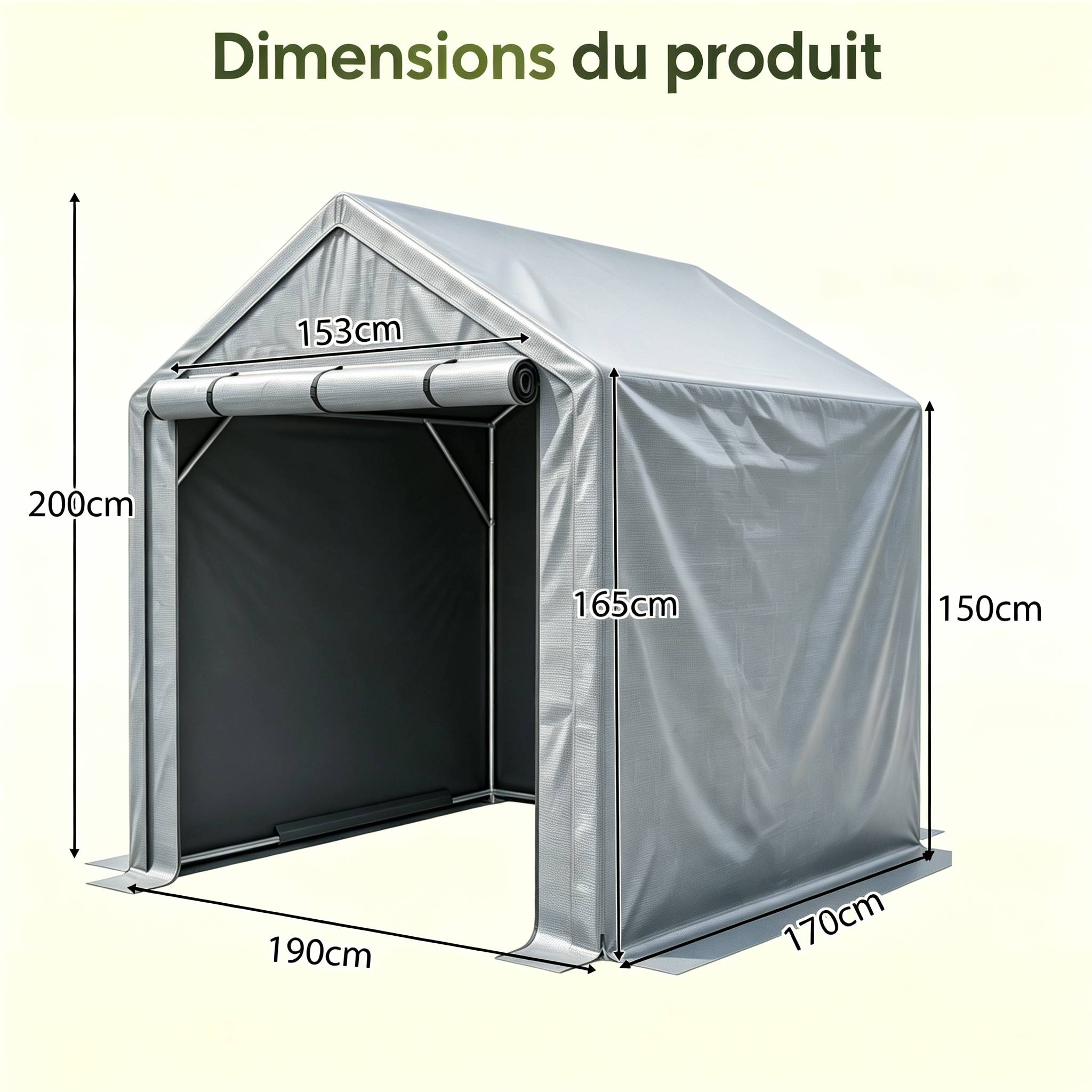 Carport garage vélos 190×170×200 cm, bâche étanche anti-UV, structure acier galvanisé gris - Image 2