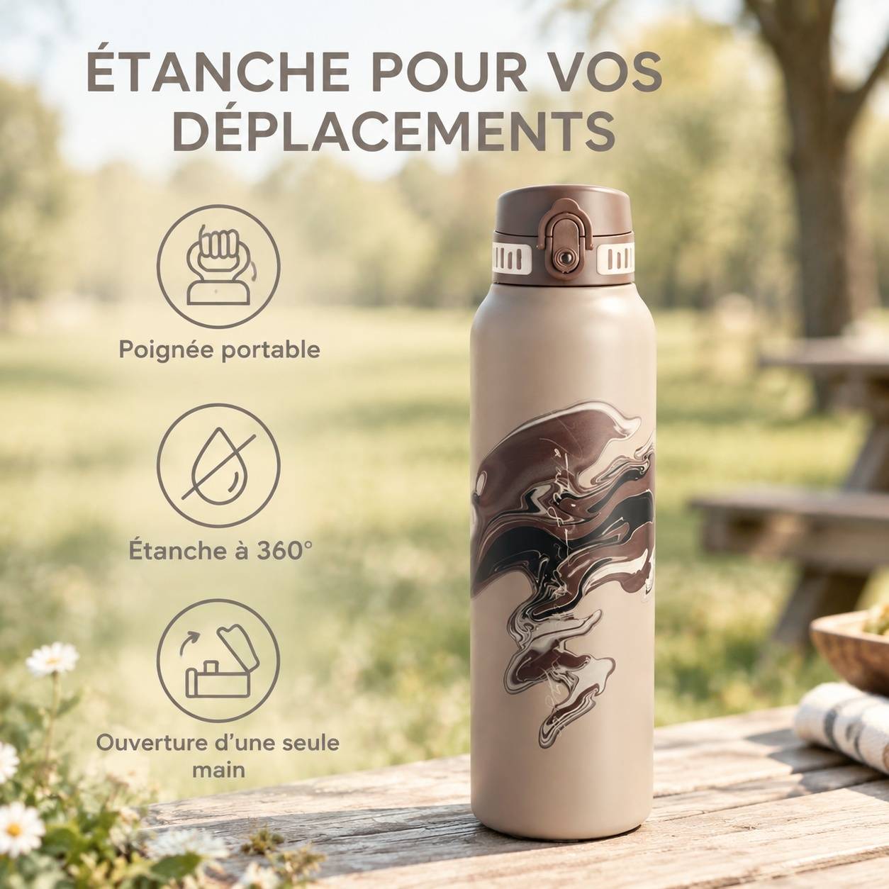 Bouteille Isotherme Acier Inoxydable Double Paroi Motif Artistique 1L Isolation 12h Chaud 24h Froid - Image 2