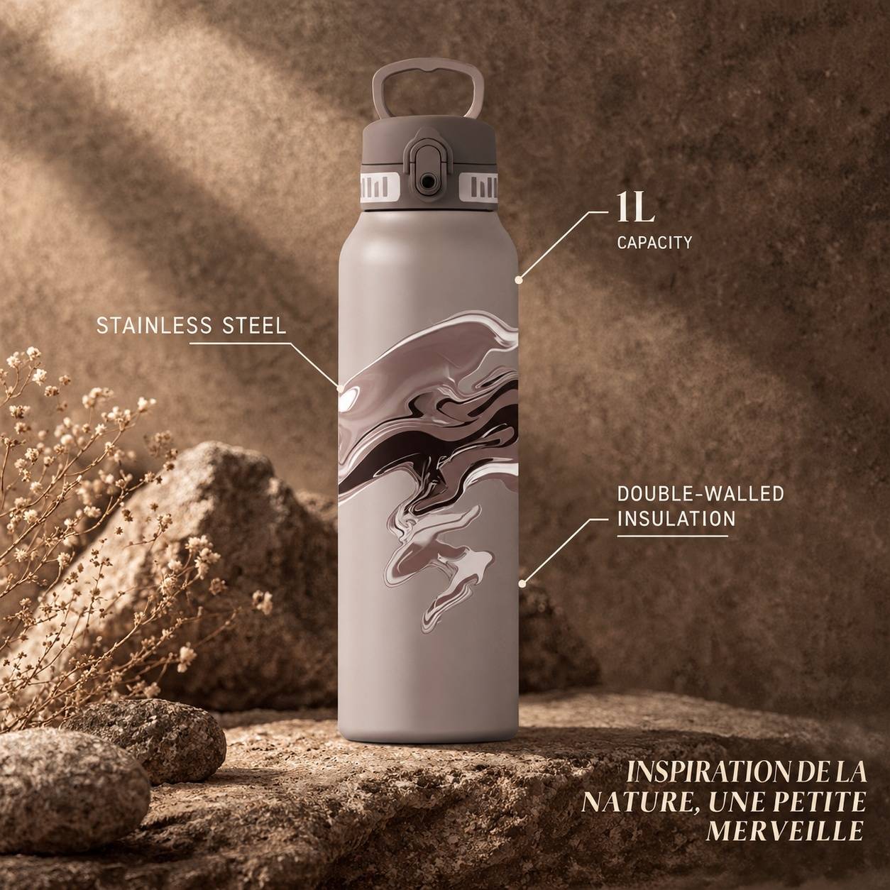 Bouteille Isotherme Acier Inoxydable Double Paroi Motif Artistique 1L Isolation 12h Chaud 24h Froid - Image 6