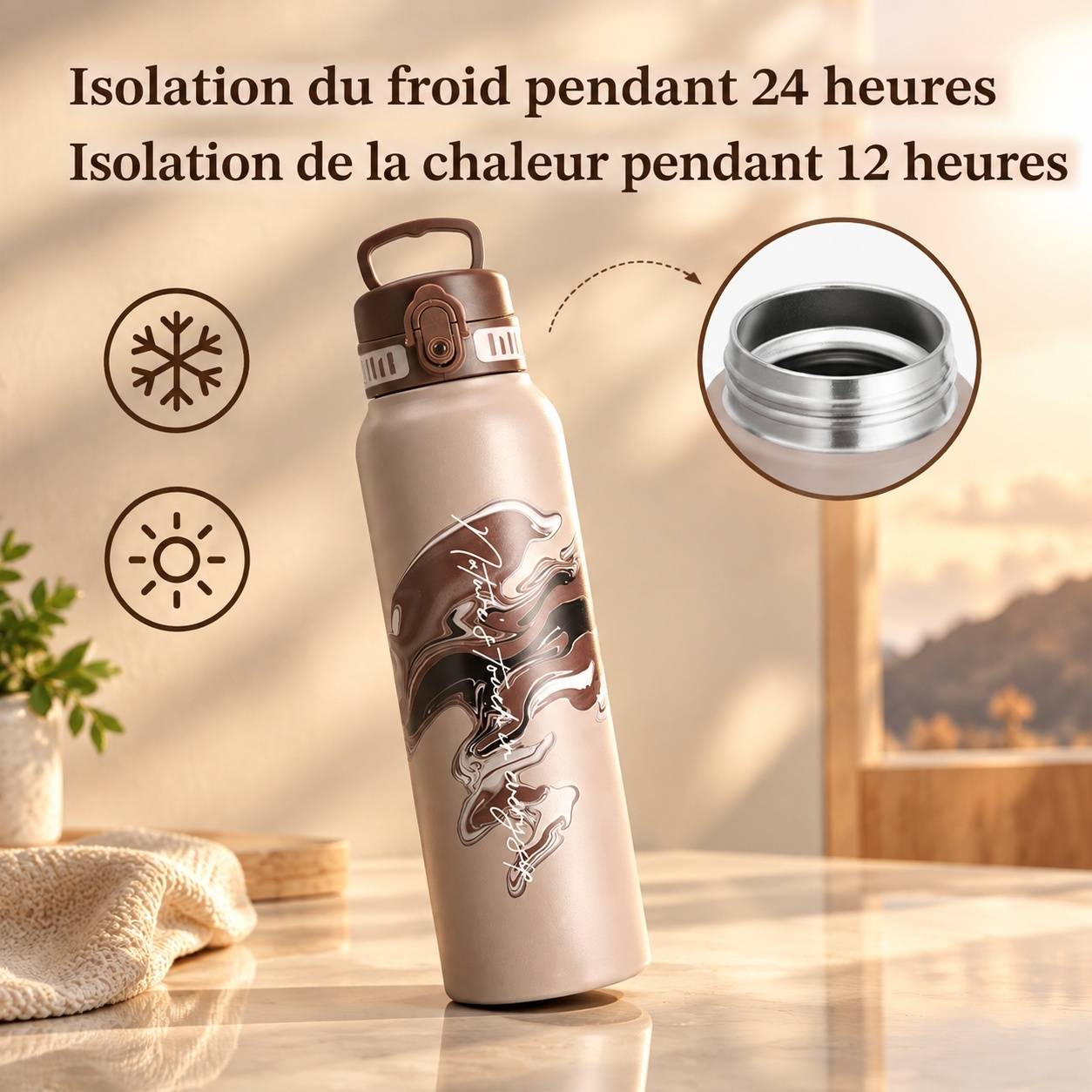 Bouteille Isotherme Acier Inoxydable Double Paroi Motif Artistique 1L Isolation 12h Chaud 24h Froid - Image 3
