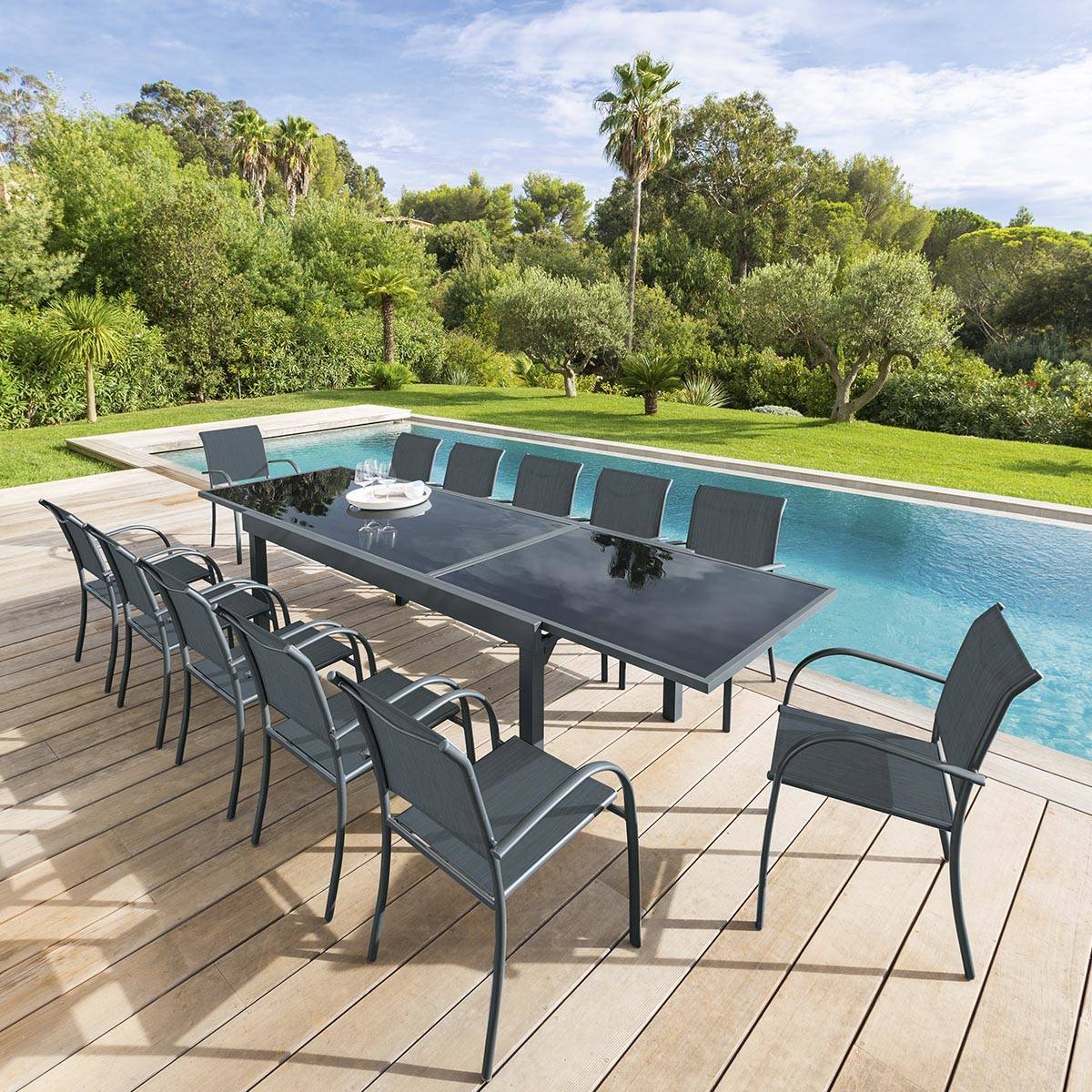 Hesperide - Table de jardin extensible "Piazza" anthracite & graphite 12 places en aluminium traité époxy Hespéride - Image 1