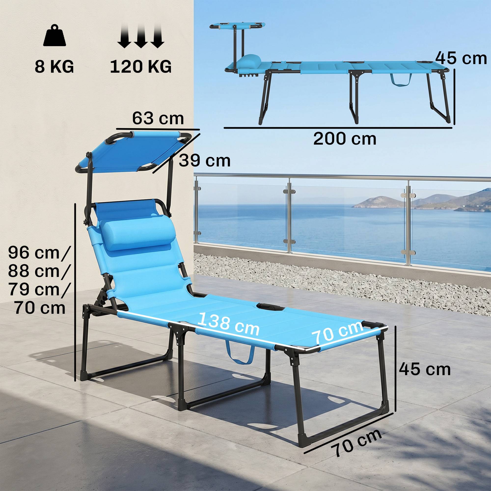 Transat de jardin avec auvent réglable, dossier inclinable sur 4 positions, appui-tête pour terrasse, 70 x 200 x 45 cm, bleu clair - Image 5