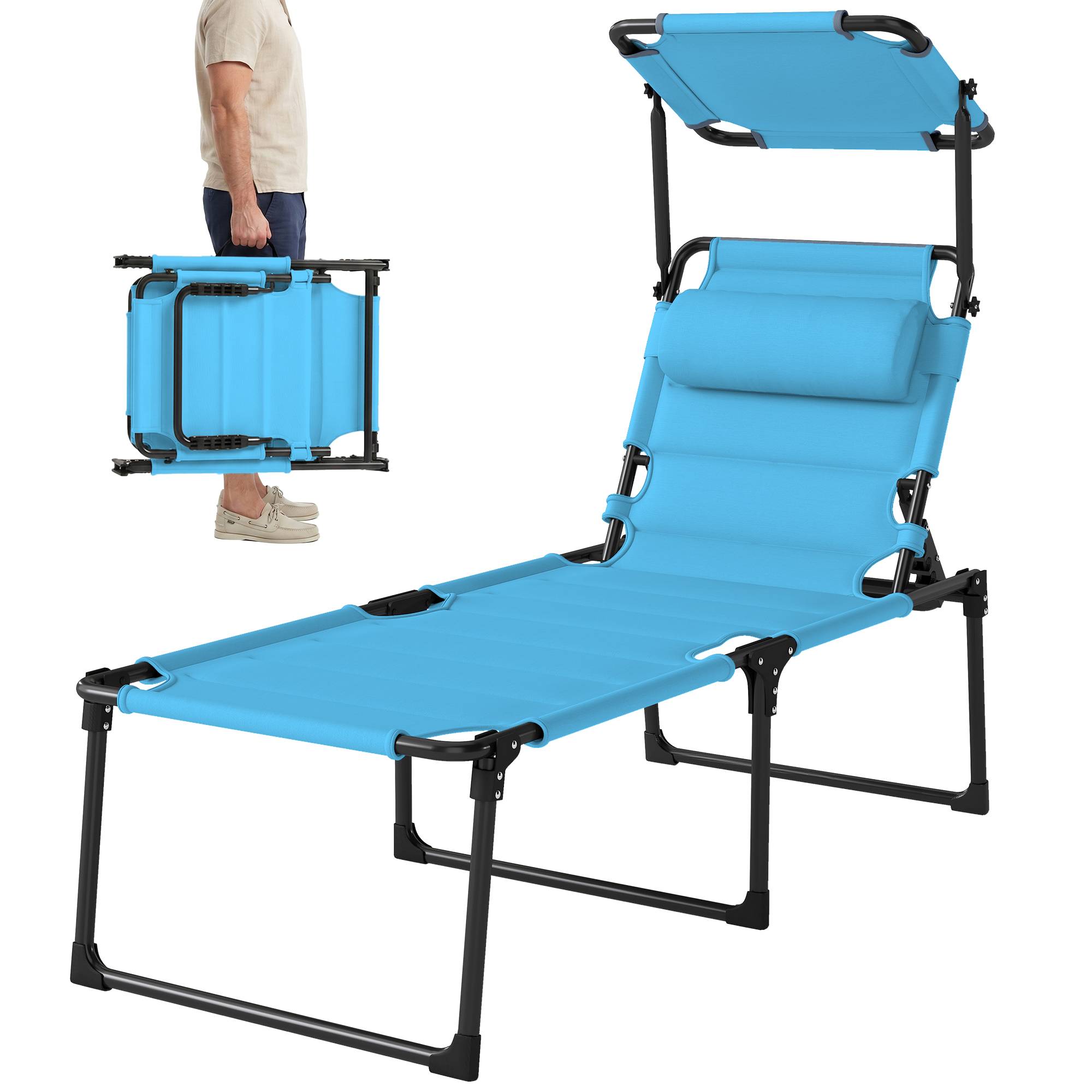Transat de jardin avec auvent réglable, dossier inclinable sur 4 positions, appui-tête pour terrasse, 70 x 200 x 45 cm, bleu clair - Image 2
