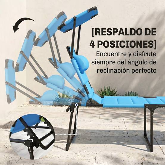 Transat de jardin avec auvent réglable, dossier inclinable sur 4 positions, appui-tête pour terrasse, 70 x 200 x 45 cm, bleu clair - Image 6