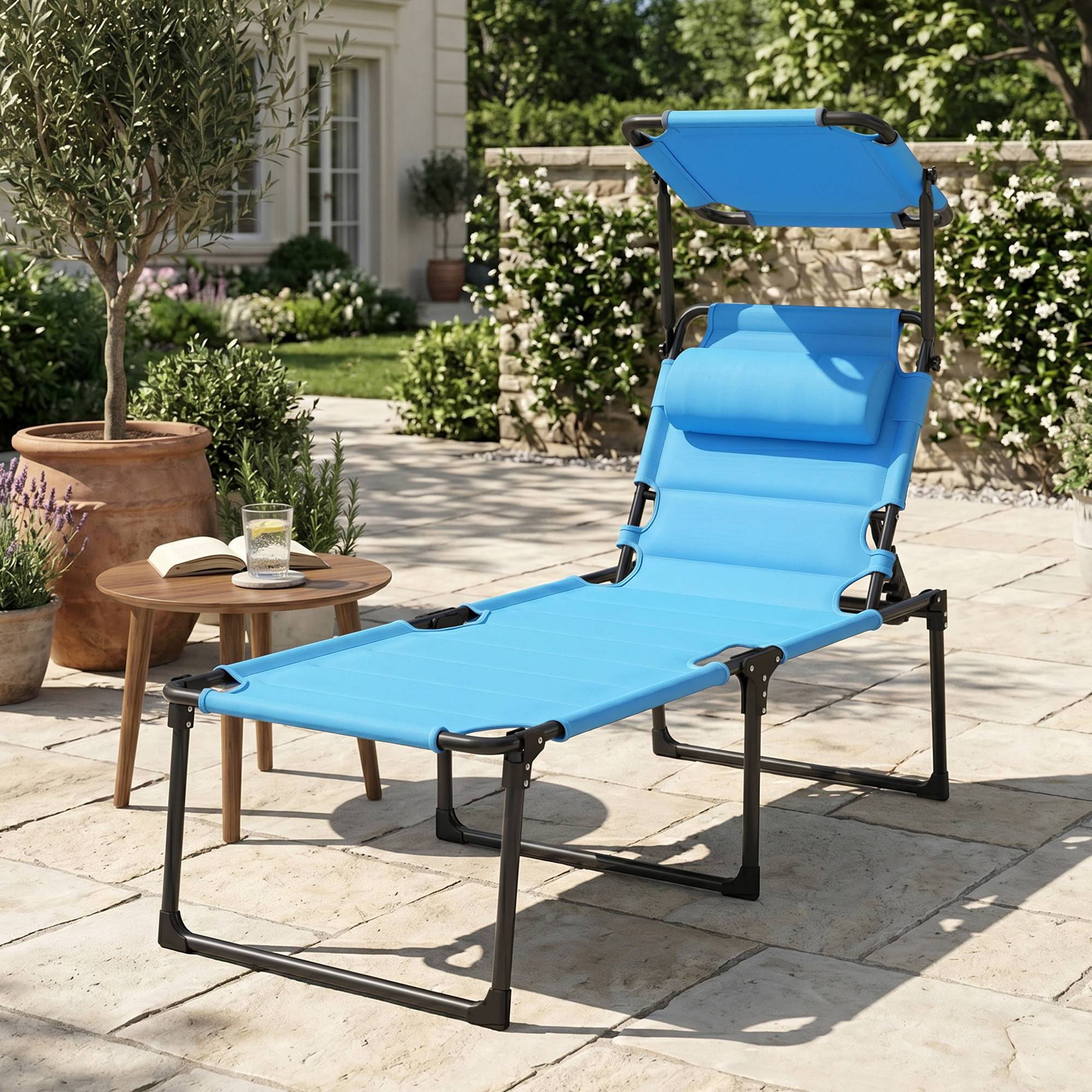 Transat de jardin avec auvent réglable, dossier inclinable sur 4 positions, appui-tête pour terrasse, 70 x 200 x 45 cm, bleu clair - Image 4