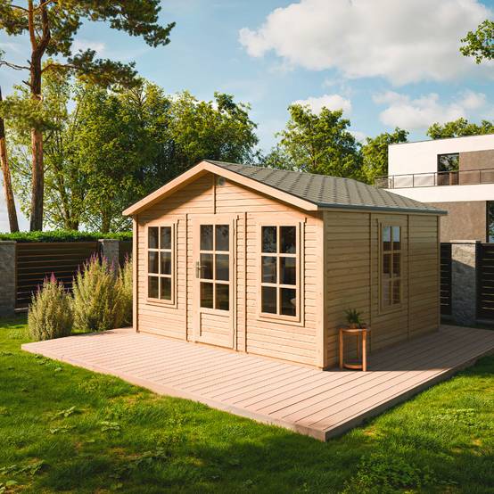 Timbela - Abri de jardin en bois - 13,24 m² - 394x382xH267 cm - sans plancher avec bardeaux bitumineux couleur gris - 17 mm d’épaisseur - Timbela M735 - Image 1