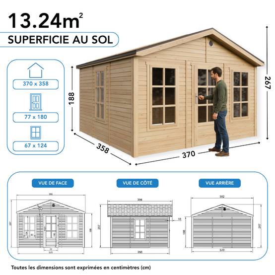 Timbela - Abri de jardin en bois - 13,24 m² - 394x382xH267 cm - sans plancher avec bardeaux bitumineux couleur gris - 17 mm d’épaisseur - Timbela M735 - Image 6