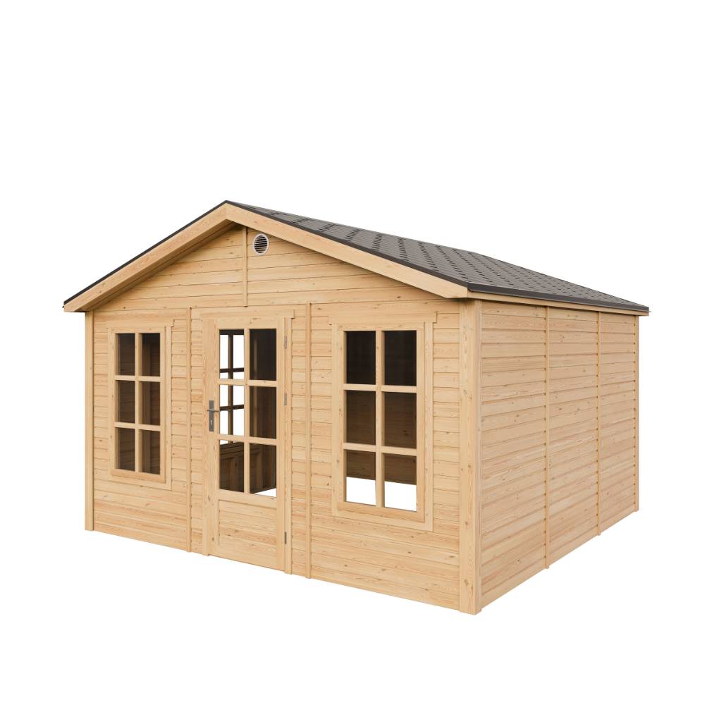 Timbela - Abri de jardin en bois - 13,24 m² - 394x382xH267 cm - sans plancher avec bardeaux bitumineux couleur gris - 17 mm d’épaisseur - Timbela M735 - Image 4