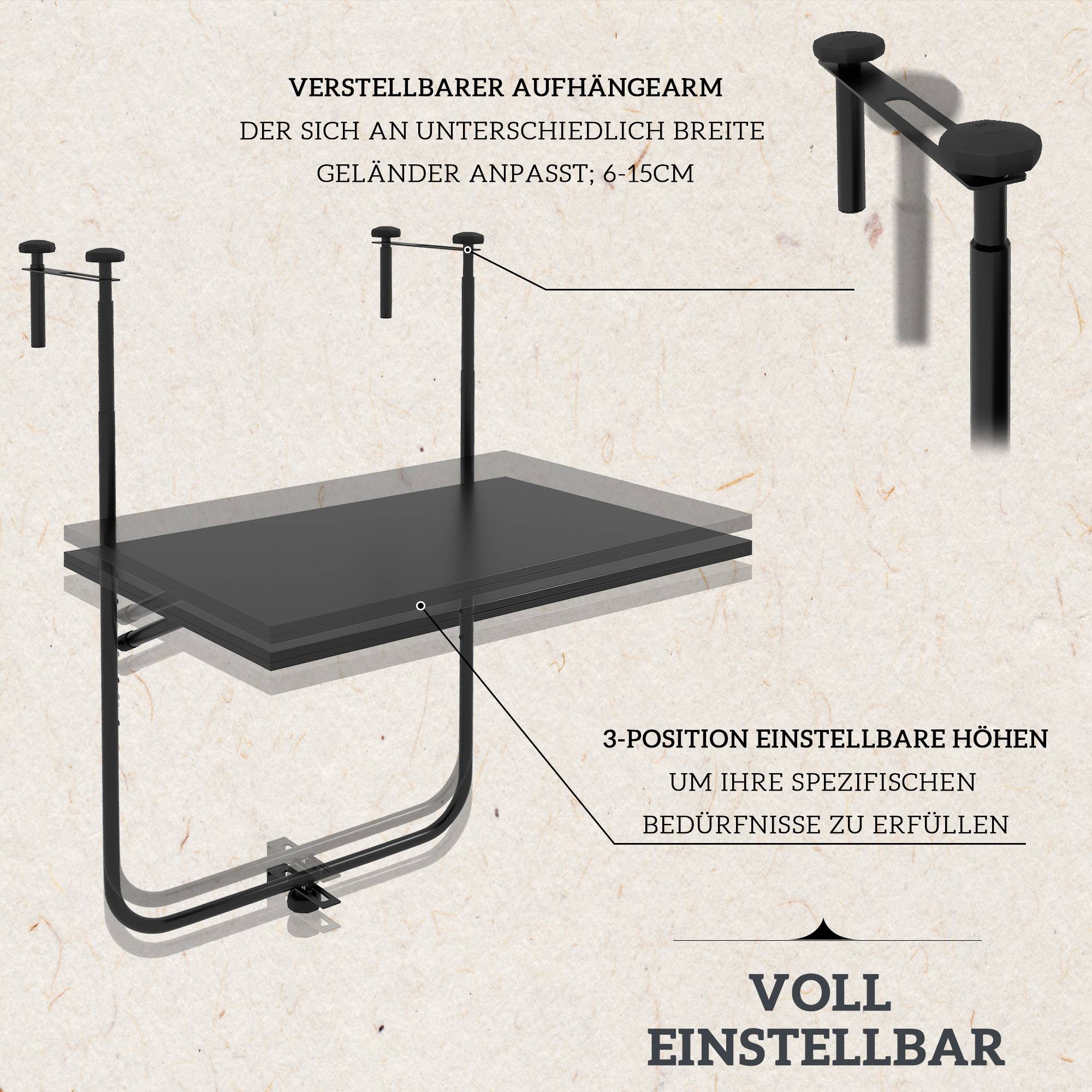 ComfortXL - Table de balcon suspendue métal 62 x 60 cm noire pliable réglable charge 15 kg - ComfortXL Outdoor Living - Image 4
