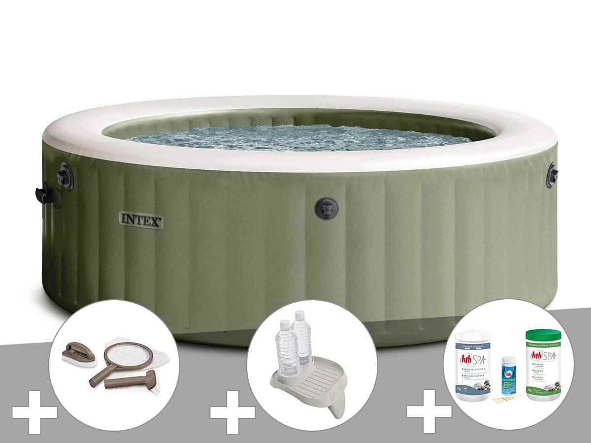 Kit spa gonflable Intex PureSpa Olive rond Bulles 4 places + Kit d'entretien + Porte-verre + Kit de traitement brome