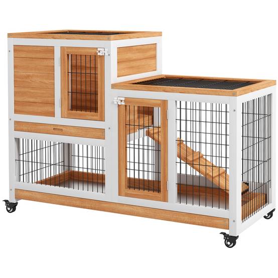 Clapier Intérieur à 2 Niveaux en Bois sur Roulettes avec Rampe et Bacs Amovibles 110 cm - ComfortXL Outdoor Living - Image 2
