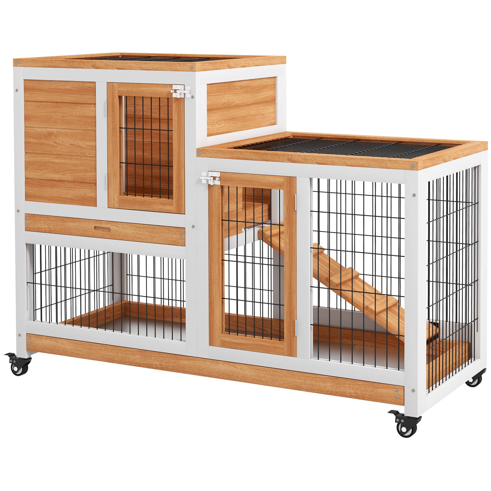 Clapier Intérieur à 2 Niveaux en Bois sur Roulettes avec Rampe et Bacs Amovibles 110 cm - ComfortXL Outdoor Living - Image 2